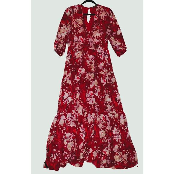 Melonie Maxi Dress Womens 10 Tall Red Floral Lined Tiered Peasant Boho - Picture 2 of 14